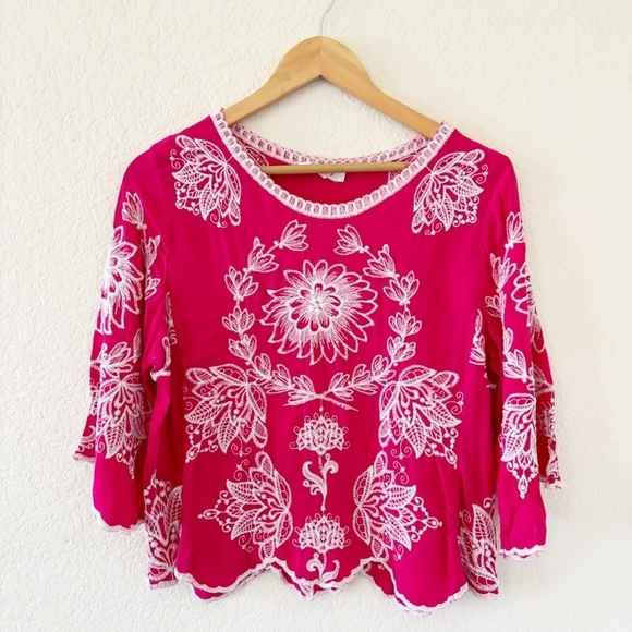 Solitaire Anthropologie Women's Pink Floral Embroidered Scoop Neck Blouse Size L - Picture 4 of 10